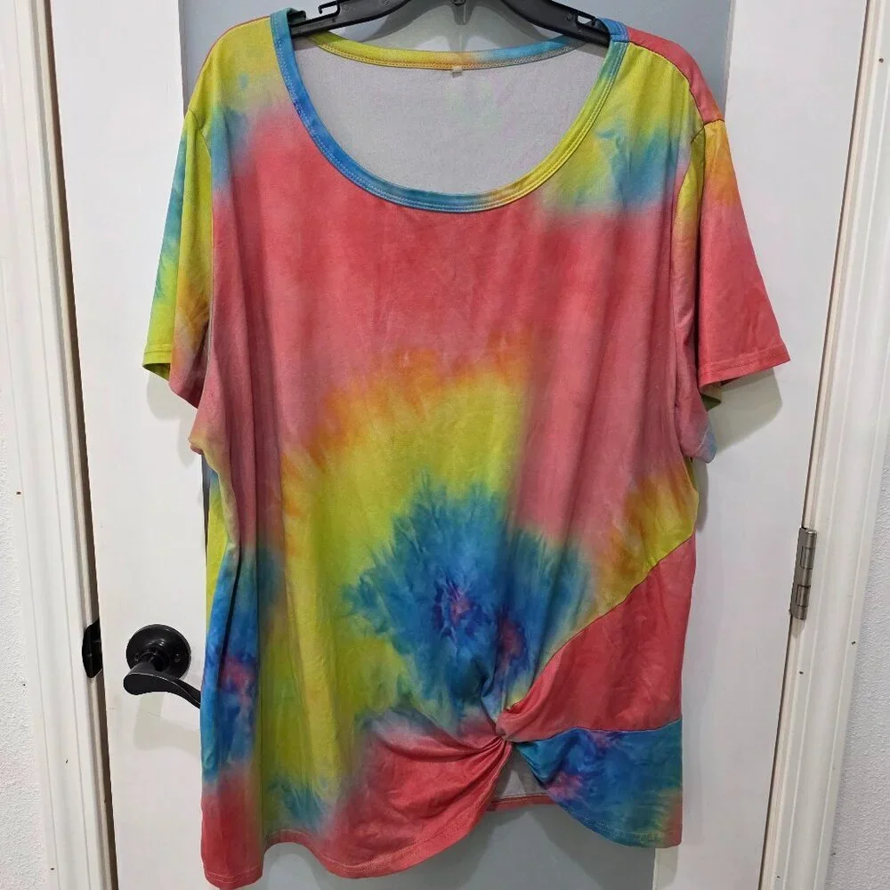 Tie-Dye T-Shirt Knit Top Rainbow Colorful Knot Front Plus Size 3X - Picture 1 of 10